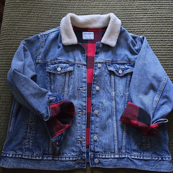 Old Navy Other - Old Navy Blue Denim Jacket with Red Plaid Lining